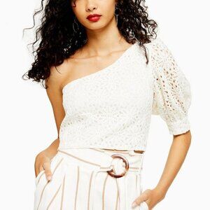 NEW Topshop US 4 One Shoulder Lace Crop Top Single Puff Sleeve